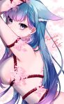  1girl animal_ear_fluff animal_ears arms_up bangs bdsm blue_hair breasts character_name check_copyright commentary commission copyright_request covered_mouth english_commentary extra_ears eyelashes flower from_side hair_behind_ear highres hk45_x indie_virtual_youtuber large_breasts long_hair looking_at_viewer looking_to_the_side melibellule_(vtuber) mole mole_under_eye multicolored_hair nude out-of-frame_censoring pink_flower purple_eyes purple_hair rope second-party_source signature solo straight_hair two-tone_hair upper_body virtual_youtuber white_background wolf_ears wolf_girl 