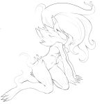  2022 3_fingers 3_toes absurd_res anthro black_and_white breasts claws feet female finger_claws fingers full-length_portrait hair hair_over_eye hi_res hisuian_form hisuian_zoroark kneeling line_art long_hair looking_away monochrome neck_tuft nintendo nude one_eye_obstructed pok&eacute;mon pok&eacute;mon_(species) portrait regional_form_(pok&eacute;mon) sketch solo toe_claws toes tuft video_games w4g4 