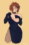  1girl black_choker black_dress black_gloves borrowed_character breasts brown_eyes brown_hair choker cleavage dress elbow_gloves english_commentary glasses gloves highres large_breasts original pantyhose porqueloin skindentation snowciel solo sweatdrop yellow_background 