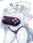  blue_eyes blush bodysuit breasts cameltoe cleavage clothes_writing controller curvy dragon english_text furry huge_breasts large_breasts nintendo non-web_source panties pokemon pokemon_(creature) portrait reshiram signature solo sophiathedragon standing thighhighs underwear video_game white_bodysuit white_fur wide_hips 