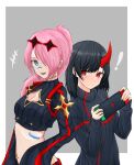  2girls adventurequest_worlds artix_entertainment black_hair black_sweater breasts cleavage_cutout clothing_cutout controller emoticon eyewear_on_head eyewear_removed fa_(adventurequest_worlds) game_controller grey_background hair_over_eyes highres horns itsme long_hair long_sleeves looking_at_viewer multiple_girls nintendo nintendo_switch pink_hair ponytail re_(adventurequest_worlds) red_horns short_hair side-by-side single_horn sleeves_past_wrists stomach sunglasses sweater teeth white_background yuri 