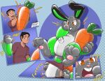  2022 3_toes abstract_background absurd_res animate_inanimate anthro biped black_body black_hair brown_eyes carrot clothed clothing comic digital_drawing_(artwork) digital_media_(artwork) english_text fake_food feet food glistening green_body green_tail grey_body grey_tail hair helixjack hi_res human human_to_anthro inflatable inflatable_transformation lagomorph leporid living_inflatable long_ears male mammal multicolored_body multicolored_tail nozzle open_mouth plant pool_toy rabbit rubber sequence simple_background solo sound_effects species_transformation text toes transformation transformation_sequence two_tone_tail vegetable 