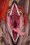  absurd_res ambiguous_gender bodily_fluids brown_body dinosaur feathers feral front_view glistening glistening_eyes glistening_tongue head_feathers hi_res imperatorcaesar looking_at_viewer mouth_shot open_mouth pupils red_body red_feathers reptile saliva saliva_on_tongue saliva_string scalie sharp_teeth slit_pupils solo tail_feathers teeth tongue tongue_out 