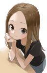  1girl absurdres black_shirt brown_eyes brown_hair closed_mouth commentary_request forehead highres karakai_jouzu_no_takagi-san long_hair looking_at_viewer shirt short_sleeves simple_background smile solo t-shirt takagi-san white_background yamamoto_souichirou 