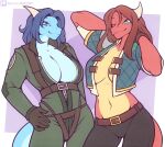 alternate_costume anthro belt big_breasts blue_body bottomwear breasts clothed clothing clothing_swap digital_media_(artwork) dragon duo female gloves hair handwear hi_res horn looking_at_viewer marik_azemus34 midriff navel one_eye_closed open_clothing pants red_body scalie simple_background skimpy smile standing suit topwear 