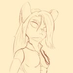  anthro clothed clothing ears_down female hair hatching_(art) hi_res lagomorph leporid low-angle_view mammal new_life pivoted_ears rabbit shaded simple_background sketch smile snout three-quarter_view 