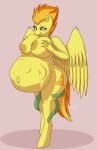  2020 absurd_res anthro anthrofied big_breasts breasts bumpywish cutie_mark digital_media_(artwork) equid equine eyelashes feathered_wings feathers female friendship_is_magic hair hasbro hi_res huge_breasts infestation looking_down mammal my_little_pony nipples orange_hair orange_tail pegasus pregnant simple_background smile spitfire_(mlp) spread_wings squirming tentacle_infestation tentacles wings wonderbolts_(mlp) yellow_body yellow_feathers 