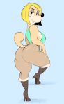  blonde_hair bob_cut boots bottomwear breasts butt canid canine canis clothing countershading curled_tail dark_eyelids domestic_dog footwear fur_trim_(clothing) hair hi_res high_heeled_boots high_heels high_waisted_bottomwear looking_back mammal rear_view side_boob smile snaggle_tooth tight_bottomwear tight_clothing usnarbit 