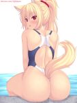  1girl :o animal_ear_fluff animal_ears ass bangs blonde_hair blush cat_ears cat_girl cat_tail english_commentary from_behind highres long_hair looking_at_viewer nottytiffy one-piece_swimsuit original parted_lips ponytail red_eyes sitting solo swimsuit tail thighs tiffy_(nottytiffy) water 