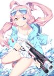  1girl ahoge animal_ears bikini blue_archive blush breasts brown_eyes eyewear_on_head frilled_bikini frills gun hair_between_eyes highres holding holding_gun holding_weapon hoshino_(blue_archive) hoshino_(swimsuit)_(blue_archive) jacket long_hair low_twintails pink_hair shotgun smile solo sunglasses swimsuit takano_itsuki twintails very_long_hair water weapon white_bikini yellow_eyes 