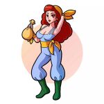  boots captain_syrup curly_hair earrings full_body green_footwear jewelry jf_illustration long_hair looking_at_viewer red_eyes red_hair red_lips wario_land wavy_hair 