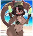  absurd_res anthro beach bell bell_collar beret big_breasts bikini breasts brown_hair chest_tuft cleavage clothed clothing collar elbow_tuft eyebrows eyelashes felid fingerless_gloves food gloves hair hair_over_eye handwear hat headgear headwear hi_res inner_ear_fluff looking_at_viewer male mammal navel one_eye_obstructed orange_eyes pantherine popsicle seaside shoulder_tuft solo sparkles swimwear teeth tongue tuft wireless_shiba 