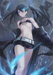  1girl bangs bikini bikini_top_only black_bikini black_choker black_footwear black_hair black_jacket black_rock_shooter black_rock_shooter_(character) black_shorts blue_eyes boots breasts chain choker closed_mouth commentary flaming_eye hair_between_eyes highres jacket long_hair looking_at_viewer off_shoulder open_clothes open_jacket sb_lama short_shorts shorts small_breasts solo stitches swimsuit twintails uneven_twintails very_long_hair 
