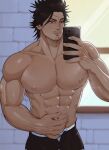  1boy abs bara biceps black_clover black_eyes black_hair bolloxxxz brick_wall cellphone facial_hair highres large_pectorals looking_to_the_side male_focus manly mature_male muscular muscular_male nipples pants pectorals phone selfie short_hair solo spiked_hair stubble thick_arms topless_male wall window yami_sukehiro 