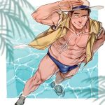  1boy abs bara beach biceps black_eyes black_hair bulge collared_shirt duplicate hat hima_(nichikan) in_water large_pectorals looking_at_viewer looking_up male_focus male_swimwear manly mature_male muscular muscular_male nipples no_pants ocean open_clothes open_shirt original outdoors palm_tree pectorals pixel-perfect_duplicate sandals shirt smile solo spiked_hair swim_briefs thick_arms thick_thighs thighs tree water 