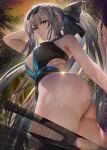  1girl absurdres ass bangs bare_shoulders bikini black_bikini black_bow blue_eyes bow braid breasts cleavage eyewear_on_head fate/grand_order fate_(series) french_braid grey_hair hair_bow highres large_breasts long_hair looking_at_viewer morgan_le_fay_(fate) nanaken_nana palm_tree parted_lips ponytail sidelocks smile solo sunglasses swimsuit thighs tree very_long_hair 