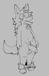  anthro balls canid canine clothing foreskin fox genitals hair long_hair looking_at_viewer male mammal messy_hair penis sog_(squishy) solo squishy_(artist) thick_thighs undressing 