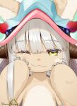  1other :3 androgynous animal_ears artist_name bangs blunt_bangs body_fur brown_fur cheek_squash close-up furry grey_hair hands_on_own_cheeks hands_on_own_face hands_up looking_at_viewer made_in_abyss medium_hair nanachi_(made_in_abyss) one_eye_closed portrait rabbit_ears sidelocks signature smile solo straight-on strelitz whiskers yellow_eyes 