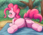  anus blue_eyes blush bodily_fluids butt equid equine female friendship_is_magic genital_fluids genitals hair hasbro hi_res horse mammal my_little_pony outside pink_body pink_hair pinkie_pie_(mlp) plant pony pussy pussy_juice silverfishnsfw_(artist) solo tree 
