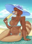  2022 ailurid anthro artist_name beach beach_towel belly big_breasts bikini blue_bikini blue_clothing blue_hat blue_headwear blue_swimwear bow_(feature) breasts brown_body brown_fur brown_hair chest_tuft chubby_anthro chubby_female cleavage cleavage_overflow clothed clothing cloud colored_nails digital_media_(artwork) eyebrow_through_hair eyebrows female fingernails food fur fur_tuft glistening glistening_belly glistening_bikini glistening_breasts glistening_clothing glistening_swimwear glistening_thighs hair hat head_turned headgear headwear hi_res holding_food holding_object holding_popsicle ice_cream_on_breasts mammal markings mature_anthro mature_female melting nails neck_tuft nipple_outline odd_lee0 open_mouth popsicle popsicle_melting red_fingernails red_nails red_panda sand seaside sharp_teeth short_hair shoulder_tuft sitting skimpy skimpy_bikini sky slightly_chubby solo striped_markings striped_tail stripes summer sun_hat swimwear tail_markings teeth thigh_tuft tongue towel translucent translucent_hair tuft water 
