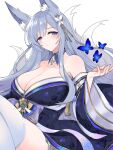  1girl animal_ear_fluff animal_ears azur_lane bangs blue_eyes blush breasts bug butterfly cleavage commentary_request detached_collar detached_sleeves ele_boku floral_print fox_ears fox_girl fox_tail grey_hair hair_ornament half-closed_eyes highres japanese_clothes large_breasts long_hair multiple_tails parted_lips shinano_(azur_lane) simple_background solo tail thighhighs very_long_hair white_background white_thighhighs wide_sleeves 