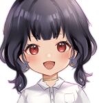  1girl :d bangs black_hair collared_shirt earrings english_commentary gold_choker highres jewelry looking_at_viewer nijisanji nijisanji_en nini_niniko open_mouth portrait red_eyes scarle_yonaguni shirt simple_background smile solo virtual_youtuber white_background white_shirt younger 