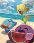  beach blush cloud cloudy_sky eating floating food fruit highres kirby kirby_(series) looking_at_another looking_at_viewer miclot nature ocean open_mouth outdoors plate sand sky sparkling_eyes spitting tongue water watermelon watermelon_slice 