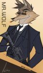  2021 absurd_res anthro ar-15 armor body_armor canid canine canis clothing dated dreamworks english_text eyewear fingers fur glasses gun hi_res holding_object holding_weapon looking_aside male mammal mr._wolf_(the_bad_guys) necktie ranged_weapon rifle shirt siam_fox signature simple_background smoking solo suit suit_jacket text the_bad_guys topwear weapon wolf 