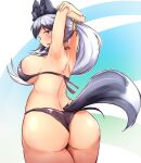  1girl animal_costume animal_ear_fluff animal_ears back bikini black_bikini blush breasts denka_(denka_ilst) fox_ears fox_girl fox_tail highres kemono_friends large_breasts long_hair looking_at_viewer open_mouth silver_fox_(kemono_friends) simple_background solo swimsuit tail yellow_eyes 