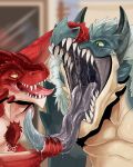  4:5 absurd_res anthro blue_body blue_scales blue_tongue blurred_background bodily_fluids chest_tuft claws duo facial_spots finger_claws front_view glistening glistening_tongue green_eyes grey_tongue hi_res imperatorcaesar male mouth_play mouth_shot open_mouth pupils red_body red_claws red_scales red_tongue saliva saliva_on_tongue saliva_string scales sharp_teeth slit_pupils spotted_face tan_body tan_scales teeth tongue tongue_out tuft zartersus 