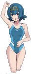  1girl alternate_costume blue_eyes blue_hair blue_swimsuit bright_pupils freckles hairband highres keiichi_r18 lana_(pokemon) looking_at_viewer no_sclera one-piece_swimsuit pokemon pokemon_(game) pokemon_sm short_hair solo swimsuit white_background white_pupils yellow_hairband 