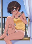  1girl body_writing bottomless breasts brown_eyes brown_hair curtains female_pubic_hair glasses highres looking_at_viewer original pubic_hair shoichi_(fromtojo) short_hair sitting solo tally tan tanlines window 
