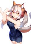  1girl animal_costume animal_ear_fluff animal_ears fox_ears fox_girl fox_tail grey_hair highres island_fox_(kemono_friends) kemono_friends kemono_friends_v_project long_hair looking_at_viewer multicolored_hair ribbon sawara_noa simple_background solo swimsuit tail twintails virtual_youtuber white_background yellow_eyes 