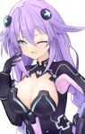  1girl absurdres bimmy blue_eyes blush braid braided_ponytail breasts cleavage gloves hair_ornament highres large_breasts long_hair neptune_(series) one_eye_closed open_mouth power_symbol purple_hair purple_heart simple_background solo symbol-shaped_pupils twin_braids upper_body white_background 