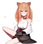  1girl absurdres animal_ears arknights beudelb black_jacket blush breasts brown_hair cleavage collar fur-trimmed_jacket fur_trim highres jacket large_breasts lion_ears lion_tail long_hair looking_at_viewer off_shoulder open_clothes open_jacket siege_(arknights) simple_background sitting solo studded_collar tail tank_top white_background white_tank_top 
