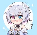  1girl amemiya_nazuna angel angel_wings bangs blue_eyes chibi halo hat heterochromia highres kukie-nyan looking_at_viewer off_shoulder open_mouth pink_eyes short_hair single_wing solo upper_body virtual_youtuber vshojo white_headwear white_wings wings 