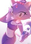  1girl animal_ears blaze_the_cat bottle breasts cat_ears cat_girl cat_tail cleavage eyelashes forehead_jewel furry furry_female iiimirai looking_at_viewer navel pants purple_fur sleeveless solo sonic_(series) sports_bra stomach sweat tail towel towel_around_neck water_bottle wiping_face yoga_pants 