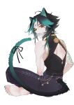  1boy absurdres animal_ears aomaxuanzexuexi bangs bishounen black_hair cat_boy cat_ears cat_tail closed_mouth facial_mark forehead_mark full_body genshin_impact green_hair highres jewelry male_focus mouth_hold multicolored_hair simple_background solo tail tattoo white_background xiao_(genshin_impact) yellow_eyes 