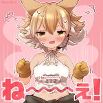  1girl animal_costume animal_ear_fluff animal_ears blonde_hair blush choker coroha coyote_(kemono_friends) coyote_ears coyote_girl gloves kemono_friends kemono_friends_v_project looking_at_viewer microphone multicolored_hair navel open_mouth shirt short_hair simple_background sleeveless sleeveless_shirt solo virtual_youtuber yellow_eyes yellow_gloves 