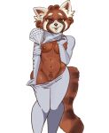  2022 ailurid anthro areola armwear biped black_nose bottomwear bottomwear_pull breasts brown_areola brown_body brown_ears brown_eyes brown_fur brown_inner_ear brown_nipples brown_pubes brown_skin brown_tail clothed clothing clothing_lift clothing_pull digital_media_(artwork) echeseunpan elbow_gloves female female_anthro front_view fur genitals gloves handwear hi_res looking_at_viewer looking_forward mammal navel nipples open_mouth pants pants_pull partially_clothed partially_clothed_anthro partially_clothed_female portrait pubes pussy red_panda shirt shirt_lift simple_background solo standing three-quarter_portrait topwear white_background white_ears wide_hips 