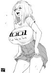  1girl band_shirt breasts glasses greyscale highres huge_breasts inne_sulistya_robin long_hair merchandise monochrome norman_maggot open_mouth original shirt shirt_tucked_in short_sleeves simple_background skirt skirt_hold solo sweat tool_(band) white_background 