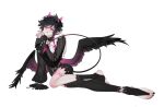  1boy absurdres ahoge antenna_hair aomaxuanzexuexi arm_support bangs bishounen black_flower black_hair black_nails black_wings braid breasts demon_boy demon_horns demon_tail demon_wings flower frills genshin_impact gradient_hair hair_ribbon heart heart_tail highres horns licking_lips long_sleeves looking_at_viewer lying male_focus multicolored_hair naughty_face puffy_sleeves purple_eyes purple_hair ribbon smile solo tail tattoo tongue tongue_out twin_braids twisted_torso venti_(genshin_impact) wings 