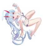  1girl ass bangs bare_arms bare_legs bare_shoulders bikini blue_archive blue_hair blue_nails blue_sailor_collar blush breasts chise_(blue_archive) collarbone fingernails flower full_body hair_ornament horns long_hair looking_at_viewer nail_polish navel nipple_slip nipples oni_horns red_eyes sailor_collar sandals see-through side-tie_bikini simple_background small_breasts solo striped striped_bikini swimsuit toenail_polish toenails twintails very_long_hair white_background white_footwear zi_se 
