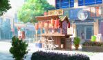  absurdres building city colorful day fantasy flag flower flower_pot highres kevin_gnutzmans leaf league_of_legends outdoors people plant potted_plant restaurant road scenery sign star_guardian_(league_of_legends) sticker street sunlight tree vending_cart walking 
