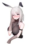  1girl absurdres animal_ears arknights arm_strap beudelb black_shirt blush breasts collarbone cropped_torso gloves grey_eyes grey_gloves grey_hair hair_between_eyes heart heart-shaped_pupils highres large_breasts long_hair looking_at_viewer open_mouth rabbit_ears rabbit_girl savage_(arknights) shirt sleeveless sleeveless_shirt solo sweat symbol-shaped_pupils upper_body white_background 
