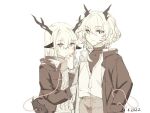  2girls alina_(arknights) animal_ears arknights clistrd commentary dated deer_antlers deer_ears deer_girl dragon_girl dragon_horns dragon_tail english_commentary hair_between_eyes horns jacket long_sleeves looking_at_viewer monochrome multiple_girls open_clothes open_jacket pants sepia shirt simple_background smile string string_of_fate tail tail_around_waist talulah_(arknights) upper_body v-shaped_eyebrows vest white_background 