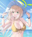  1girl bananafish1111 bare_shoulders bikini blonde_hair blue_archive blush bracelet breasts cleavage cloud day green_eyes halterneck hand_on_headwear hands_up hat highres horizon jewelry large_breasts long_hair looking_at_viewer nonomi_(blue_archive) nonomi_(swimsuit)_(blue_archive) ocean open_mouth outdoors smile solo standing sun_hat sunlight swimsuit upper_body water white_hat yellow_bikini 