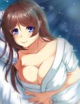  1girl absurdres alternate_costume blue_eyes breasts brown_hair chougei_(kancolle) collarbone hair_down highres kantai_collection large_breasts long_hair looking_at_viewer lying on_side pillow shigatsu_(soratobuusagi) short_sleeves smile solo 