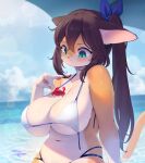 1girl absurdres animal animal_ears animal_hands animal_nose bikini blue_ribbon blue_sky breasts brown_hair cleavage cloud crab day furry furry_female green_eyes hair_between_eyes hair_ribbon highres large_breasts navel ocean original partially_submerged ponytail ribbon sky snout solo swimsuit tail wet wet_hair white_bikini whooo-ya 