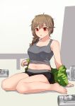  1girl :o asahi_breweries bare_legs barefoot beer_can belly black_shorts braid braided_ponytail brown_hair can clothes_lift commentary empty_eyes expressionless green_jacket grey_tank_top highres idolmaster idolmaster_cinderella_girls jacket jacket_partially_removed kamille_(vcx68) looking_down messy_hair navel on_floor open_clothes open_jacket red_eyes senkawa_chihiro shirt_lift shorts side_ponytail sitting skindentation solo tank_top thick_thighs thighs wariza 